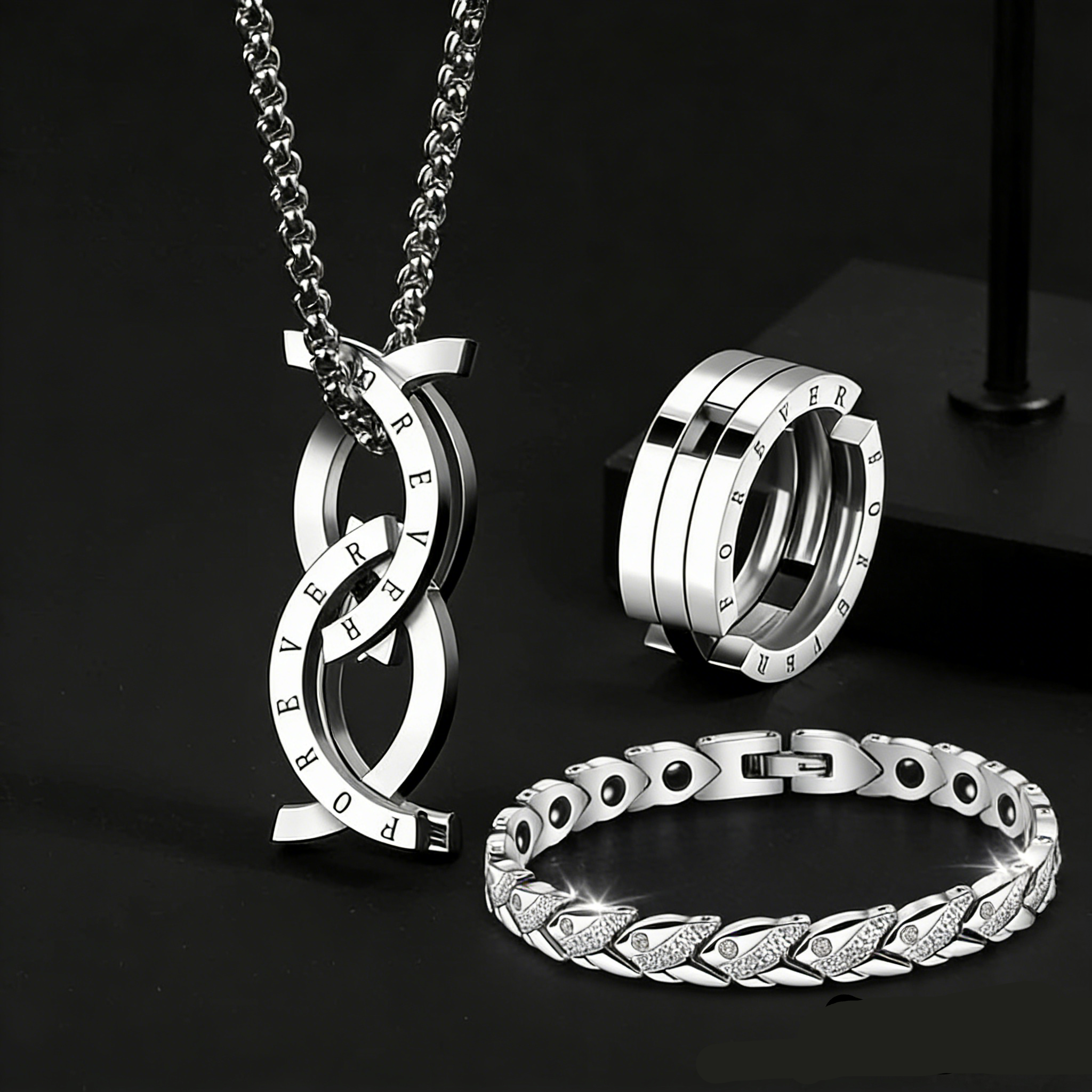 3-in-1 Convertible Ring-to-Necklace | Silver Bead Bracelet | Round Pendant / Ring | Unisex Titanium Steel Jewelry