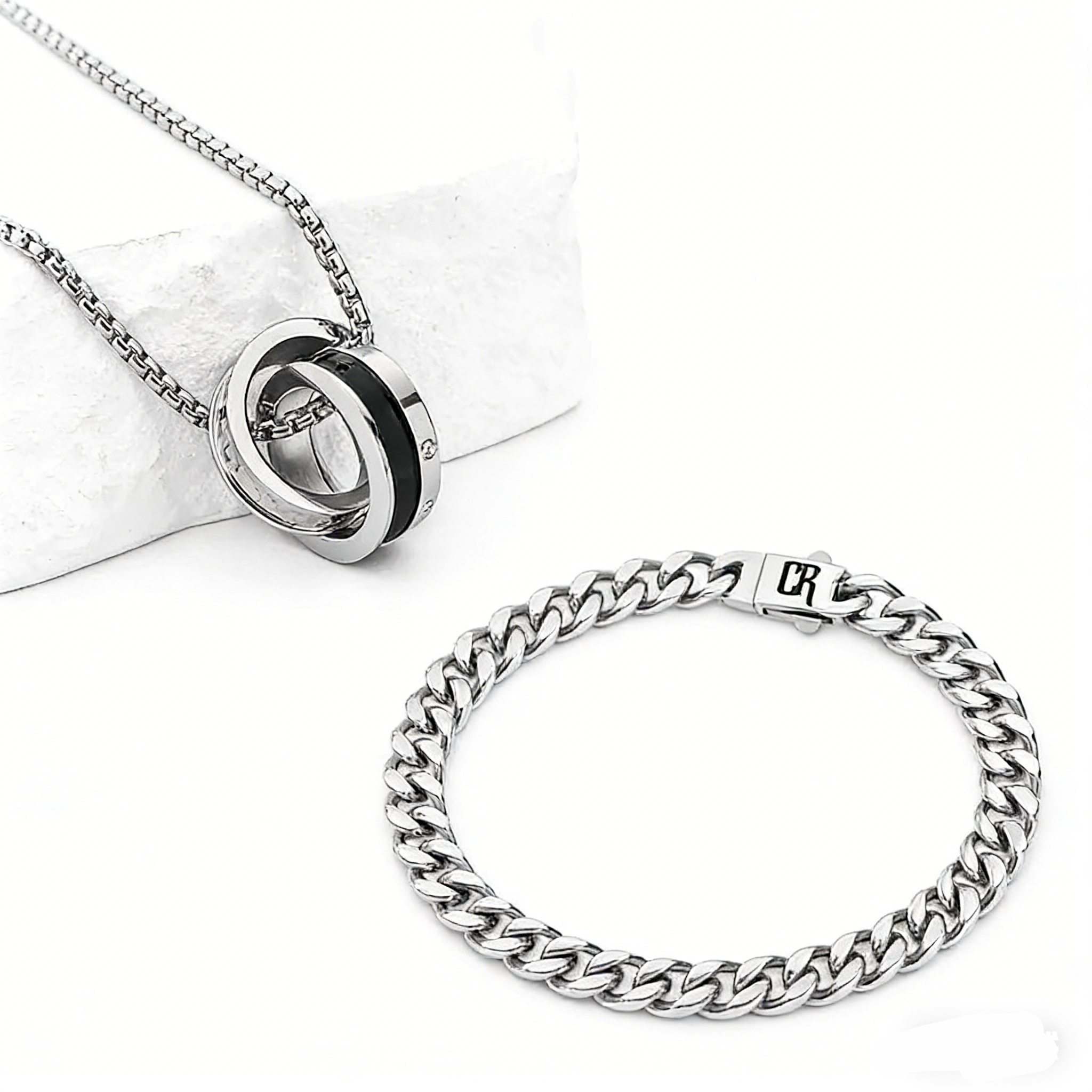 S925 Silver Double-Ring Men's Trendy Necklace & Cuban Titanium Steel Bracelet