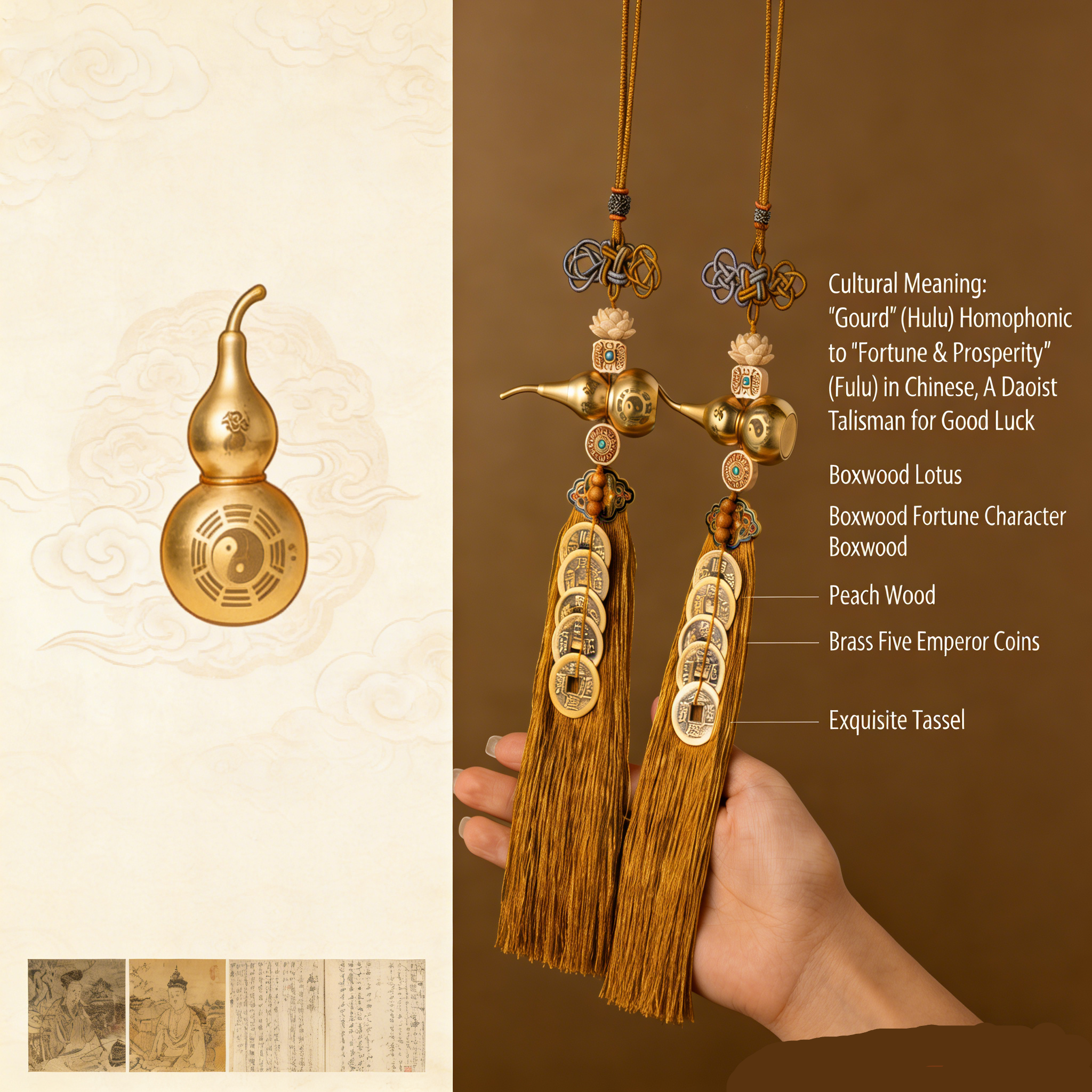 Ĉina taoista kukurba pendjuvelo el latuno, persikligno, ĉina taoista juvelo, fengŝuja juvelo