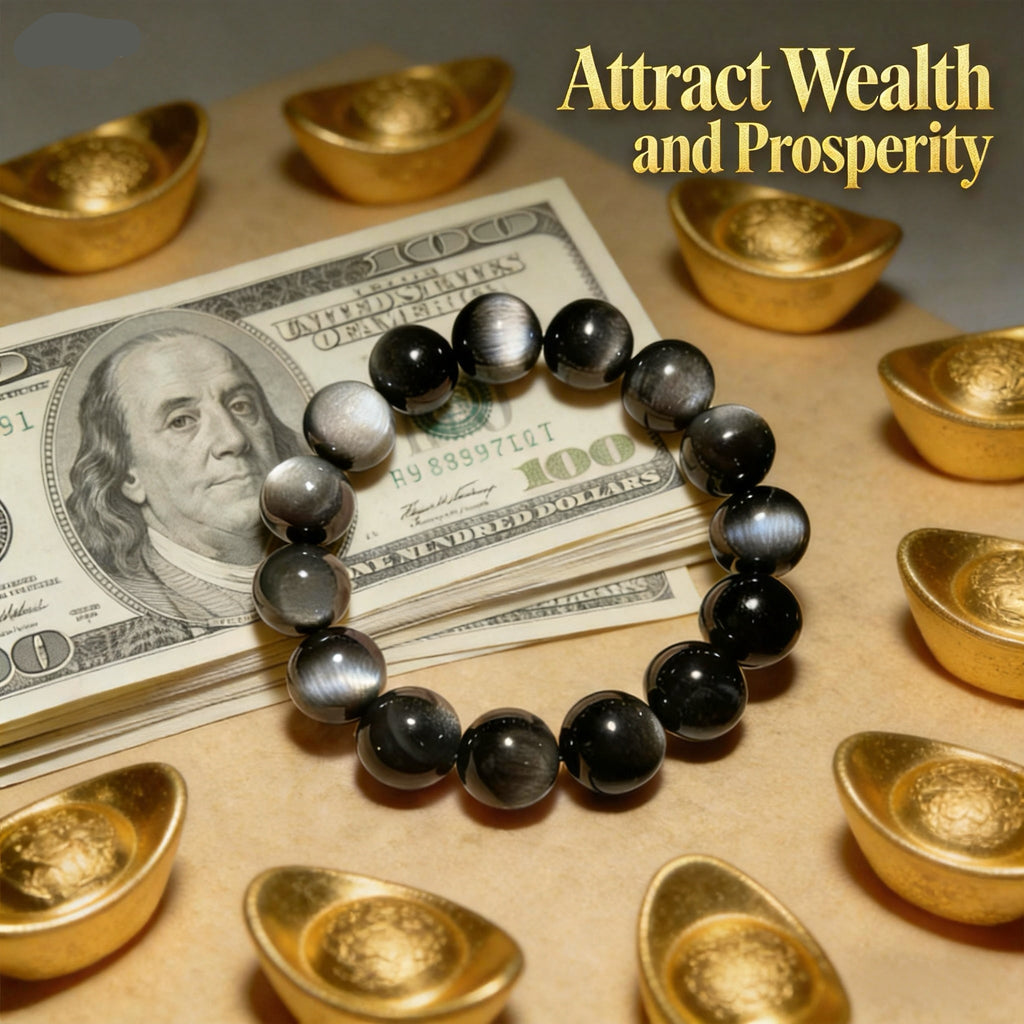 Silver/Black Obsidian Wealth and Fortune Bracelet - High-Quality Natural Crystal Lucky Bracelet