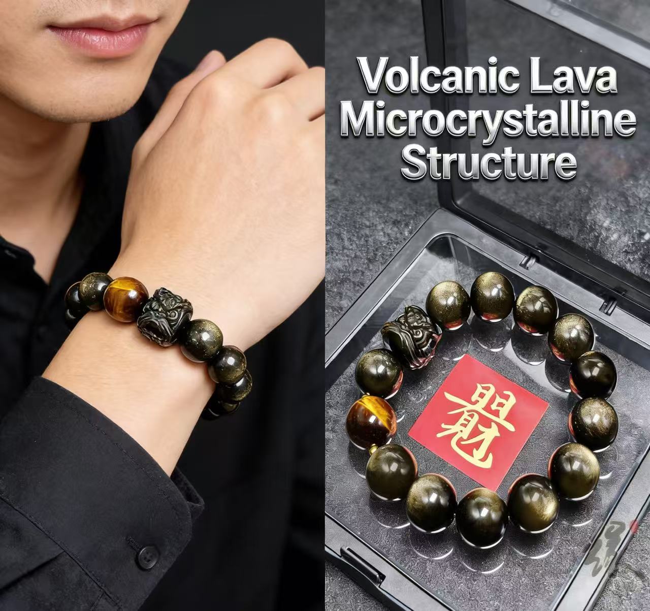 High Quality Obsidian Nature Wealth and Fortune Bracelet Lion Silver Bracelet Jewelrys for men women