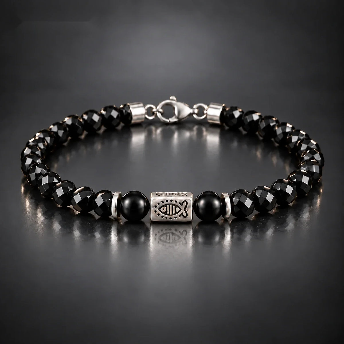 Black Obsidian Fish Motif Bracelet with S925 Silver