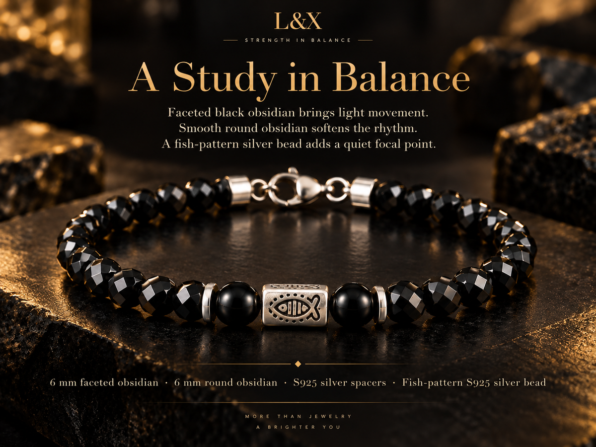 L&X black obsidian bracelet design balance with S925 fish-pattern silver bead