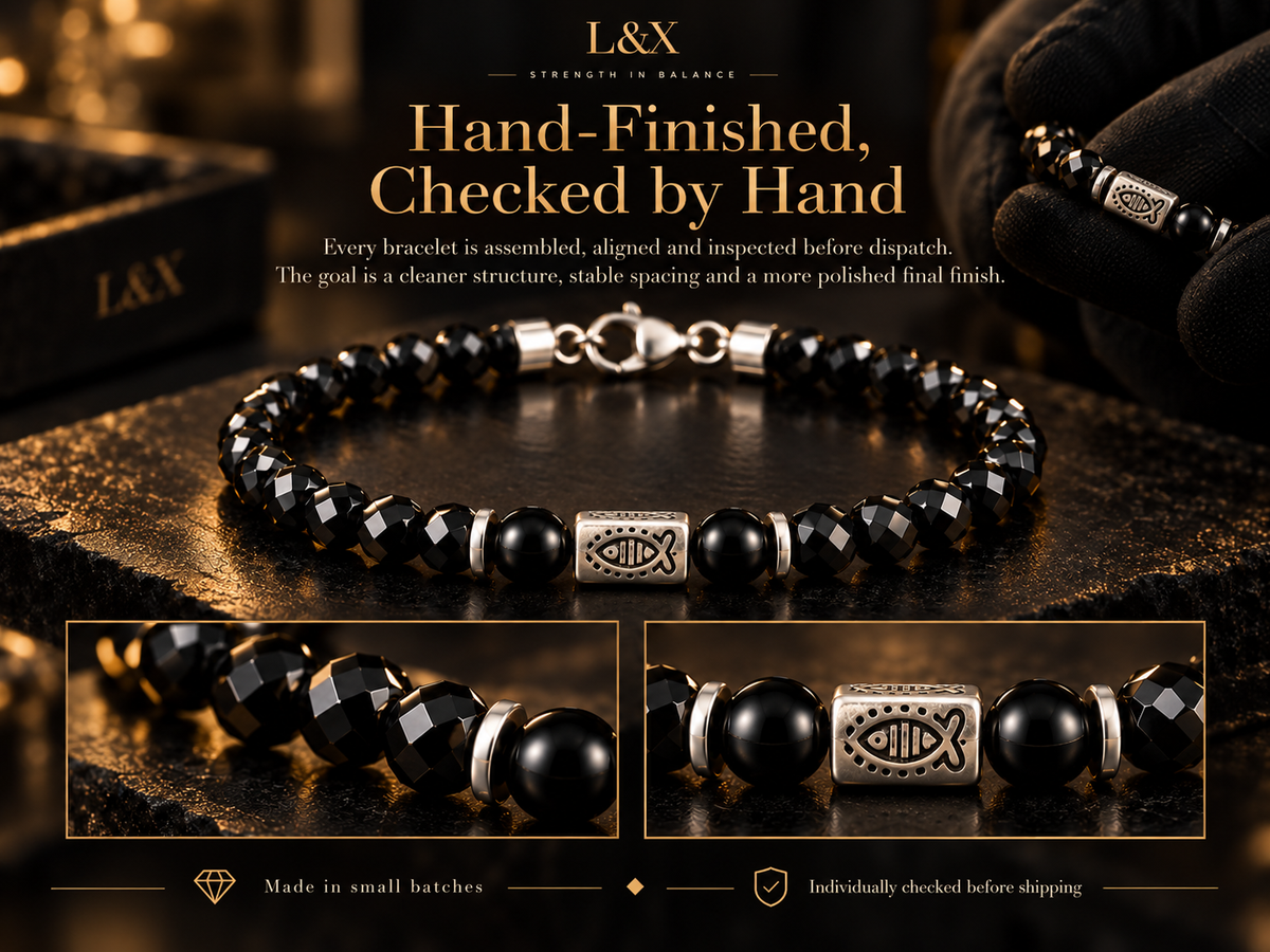 Hand-finished L&X black obsidian bracelet inspection detail