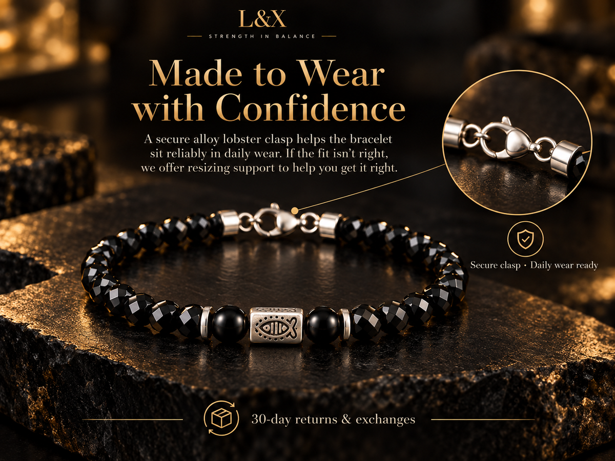 L&X black obsidian bracelet secure clasp resizing support and 30-day returns