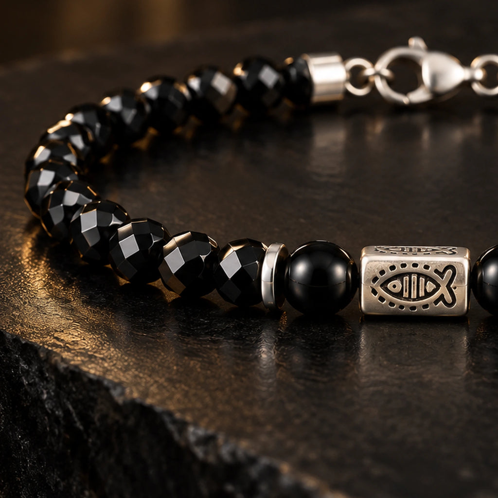 Faceted black obsidian bead rhythm on L&X bracelet