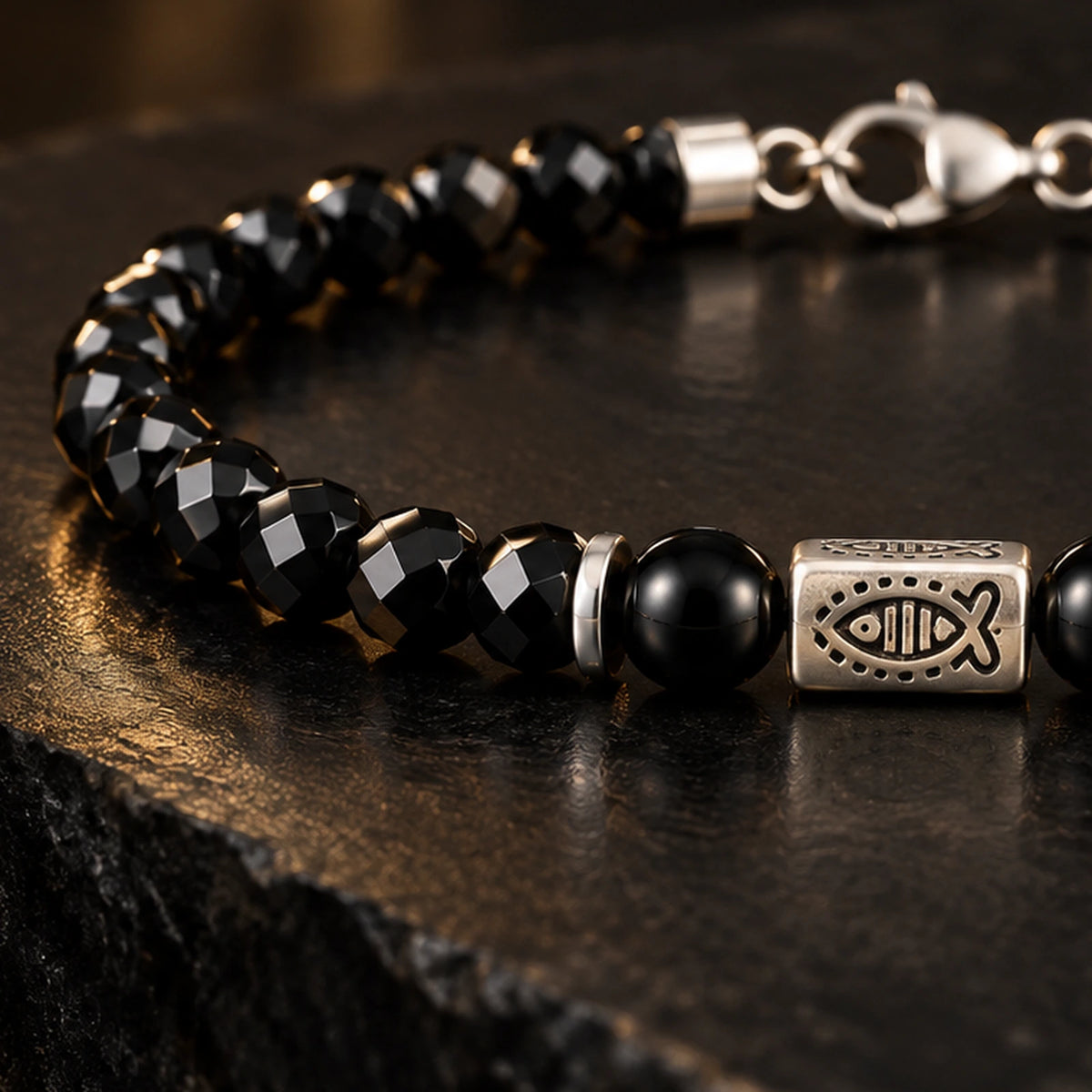 Faceted black obsidian bead rhythm on L&X bracelet