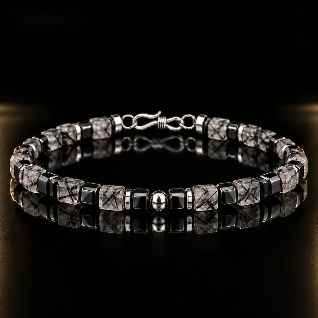 Black Rutilated Quartz Cube Bracelet with S925 Silver