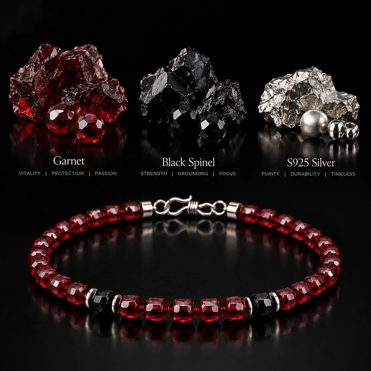 Garnet & Black Obsidian Bracelet with S925 Silver