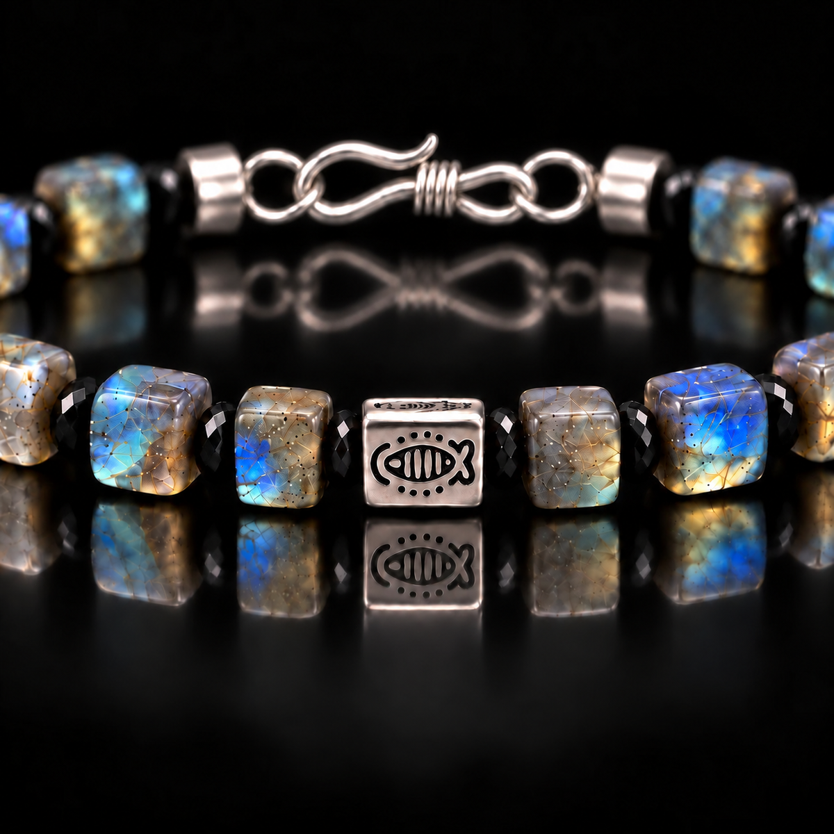 Labradorite bracelet S925 silver fish motif centerpiece detail