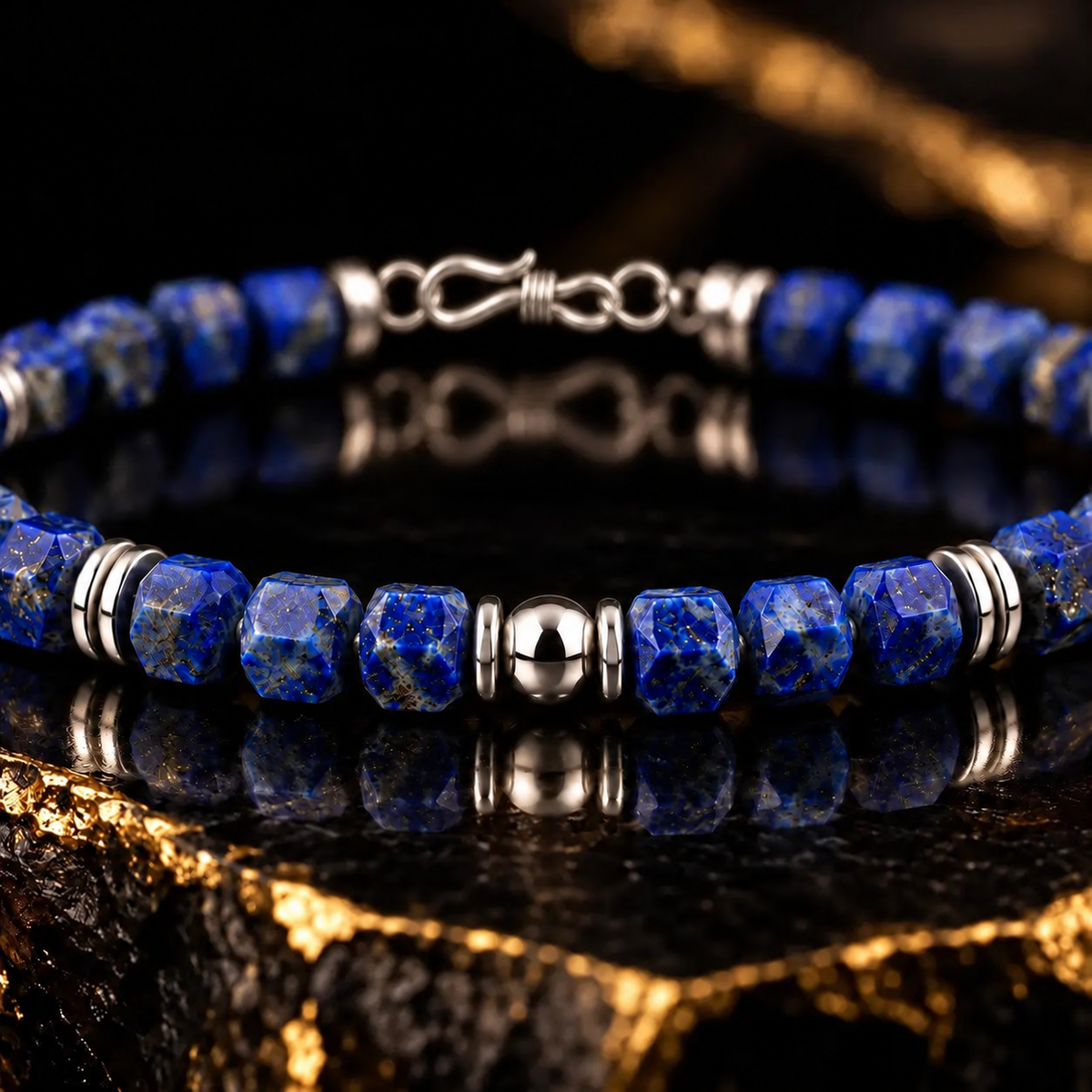 Natural lapis lazuli 5mm hexagon bracelet S925 silver infinity clasp