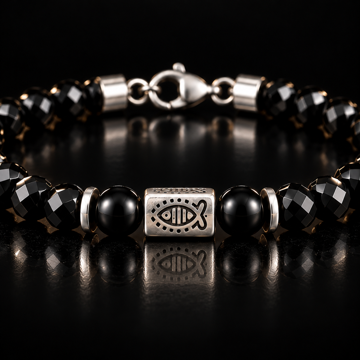 L&X black obsidian fish bracelet detail view