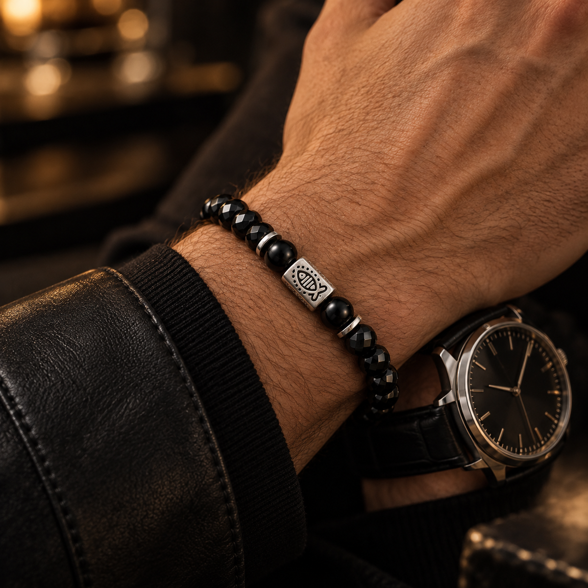 L&X black obsidian fish bracelet with watch styling