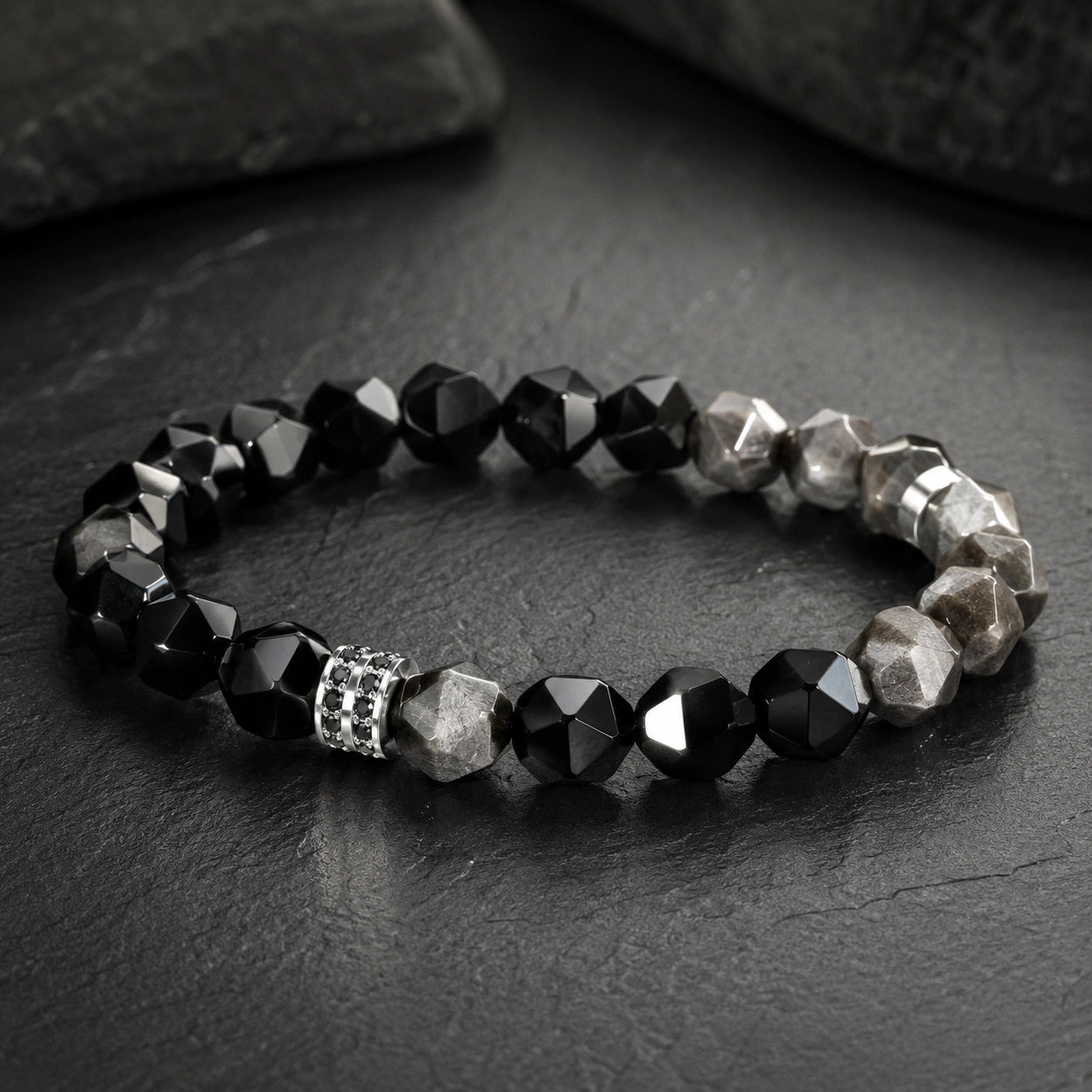 Black & Silver Obsidian Bracelet for Men – Faceted Natural Stone Bracelet