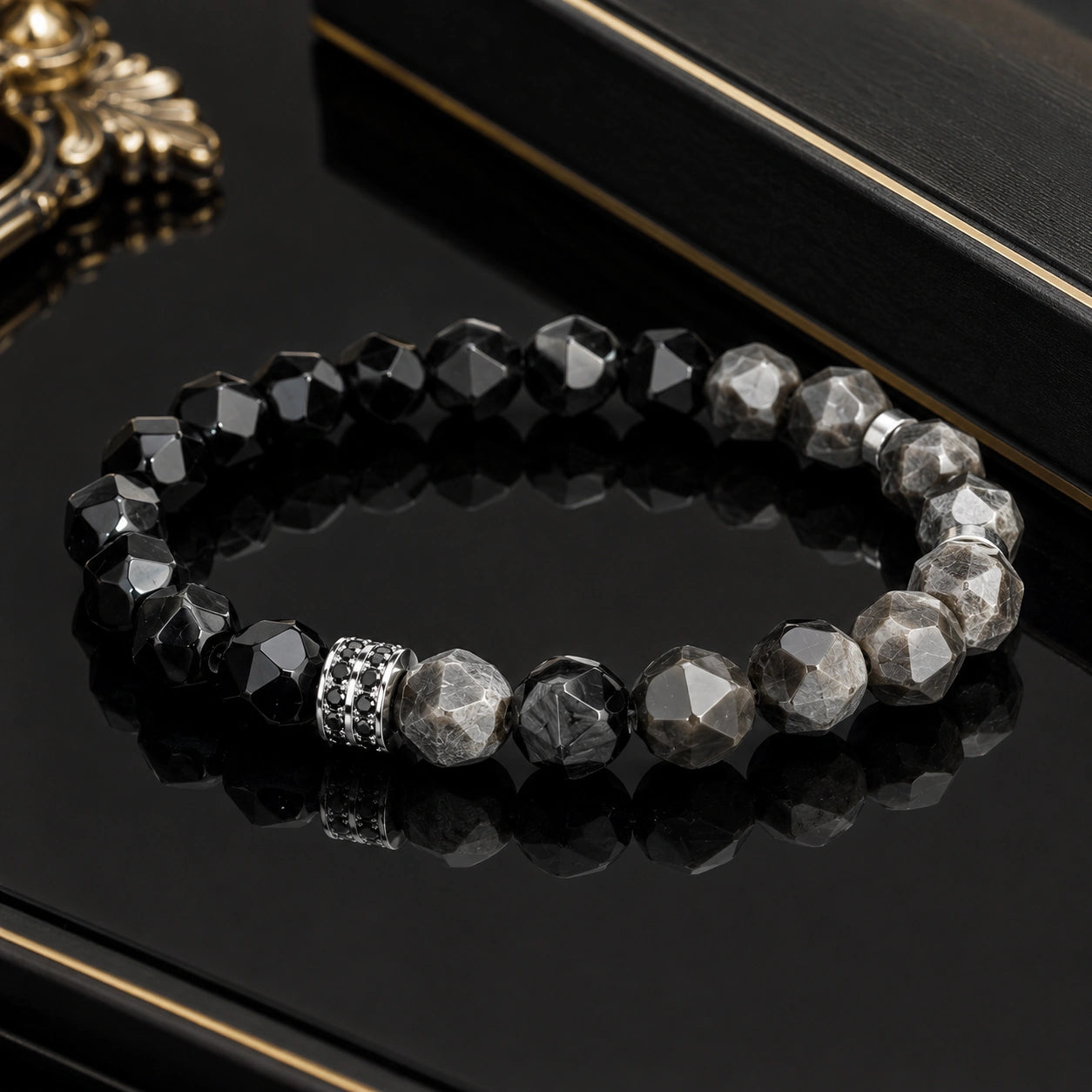 Black & Silver Obsidian Bracelet for Men – Faceted Natural Stone Bracelet
