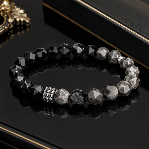 Black & Silver Obsidian Bracelet for Men – Faceted Natural Stone Bracelet