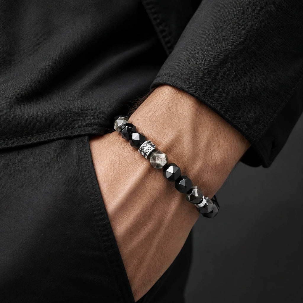Black & Silver Obsidian Bracelet for Men – Faceted Natural Stone Bracelet