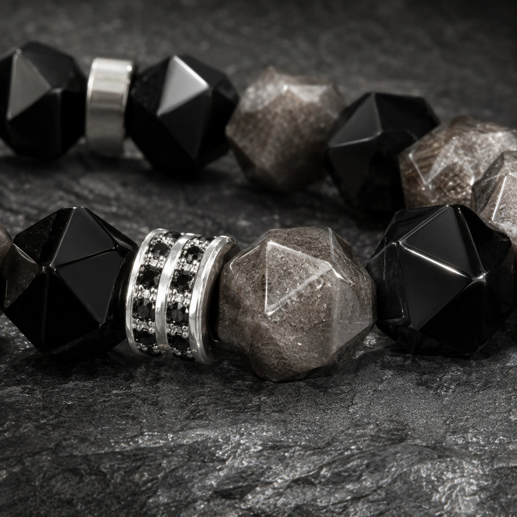 Black & Silver Obsidian Bracelet for Men – Faceted Natural Stone Bracelet