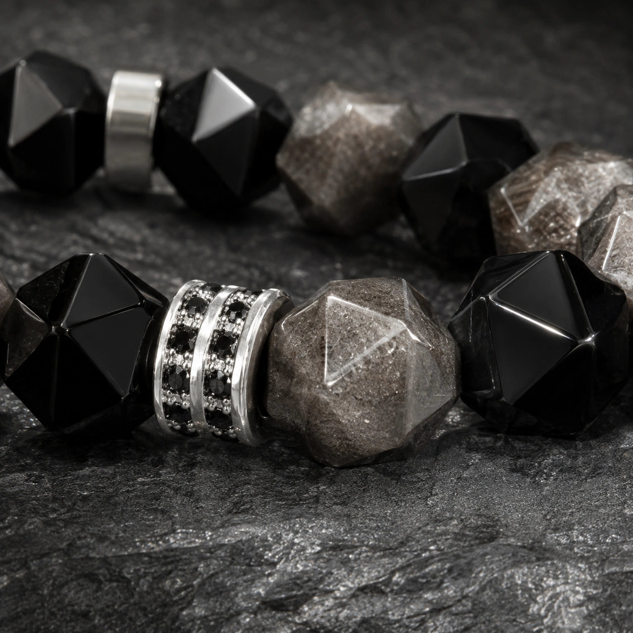 Black & Silver Obsidian Bracelet for Men – Faceted Natural Stone Bracelet
