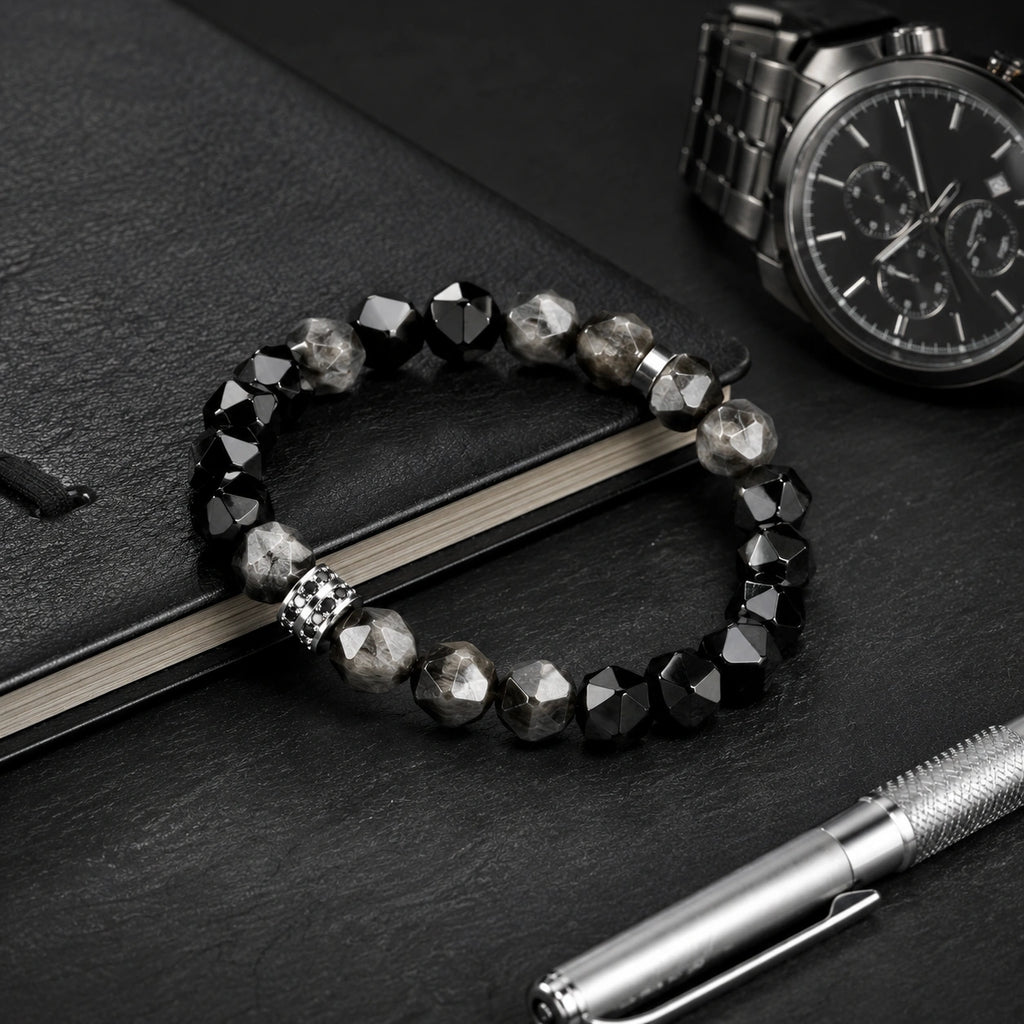 Black & Silver Obsidian Bracelet for Men – Faceted Natural Stone Bracelet