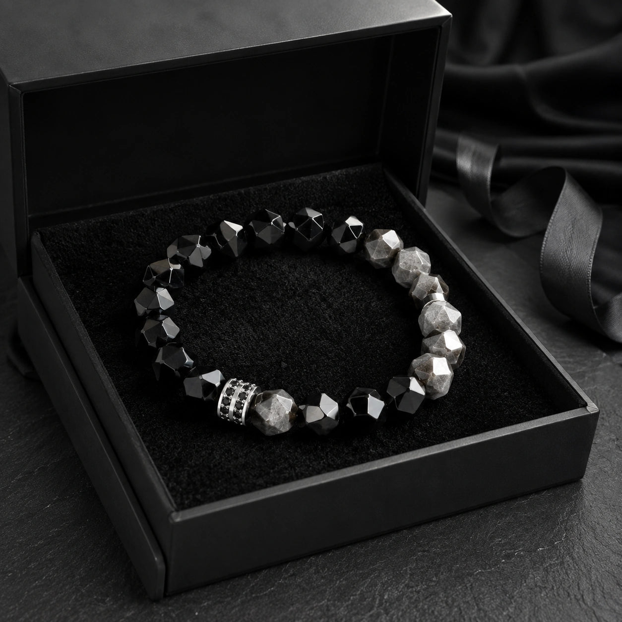 Black & Silver Obsidian Bracelet for Men – Faceted Natural Stone Bracelet