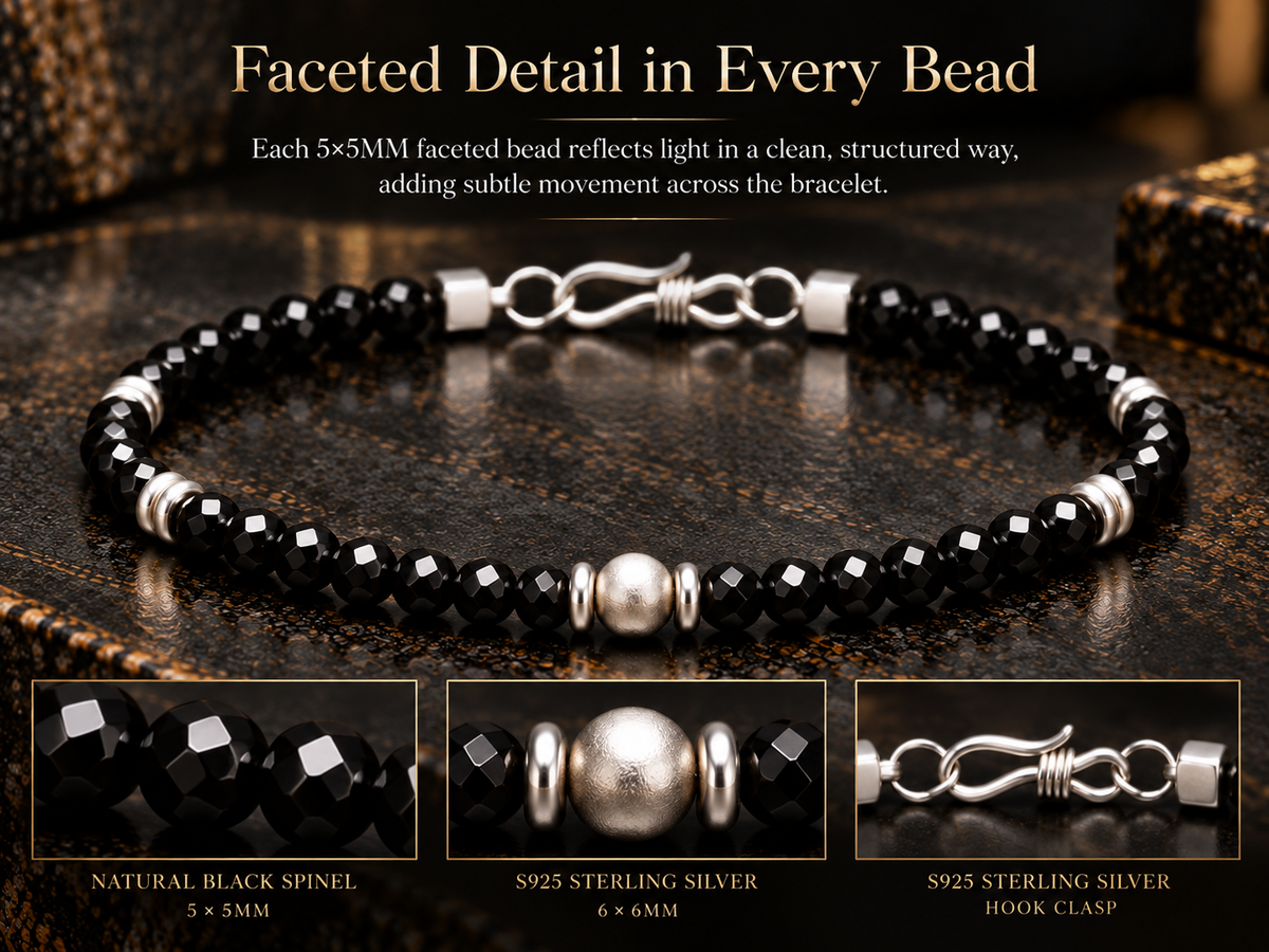 Black spinel faceted bead and S925 silver material details