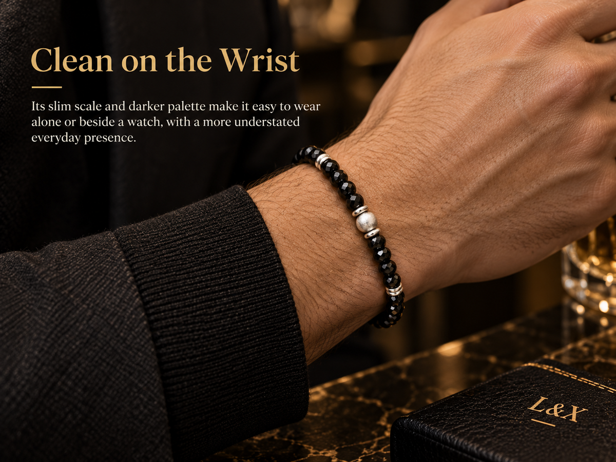 Black spinel bracelet clean on the wrist