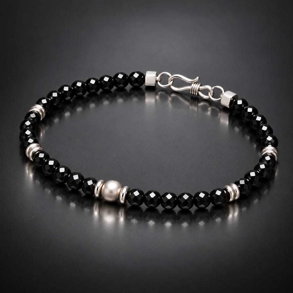 Angled black spinel bracelet showing S925 silver structure