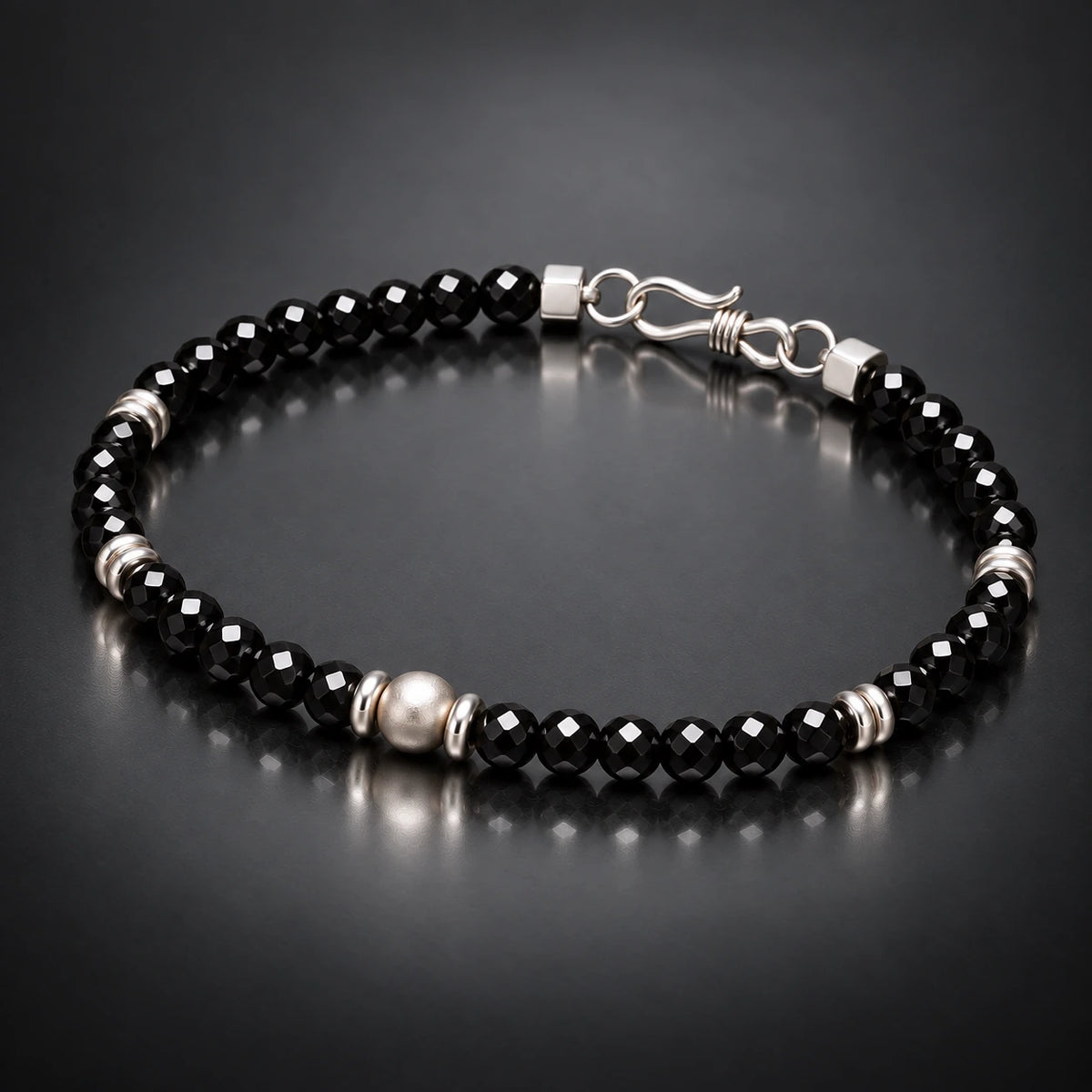 Angled black spinel bracelet showing S925 silver structure