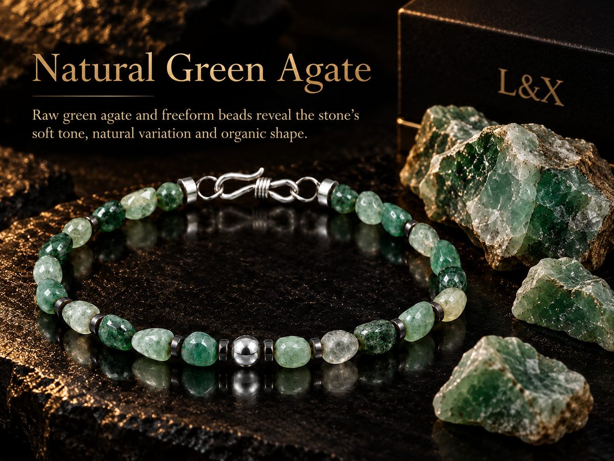 Natural green agate raw stone and freeform bead material detail