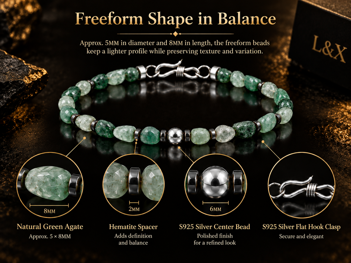 Freeform green agate materials in scale with hematite and S925 silver