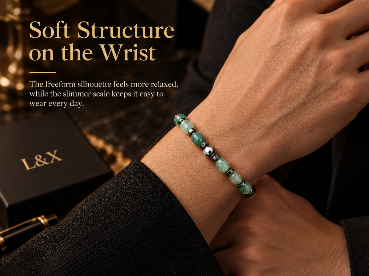 Freeform green agate bracelet worn on wrist