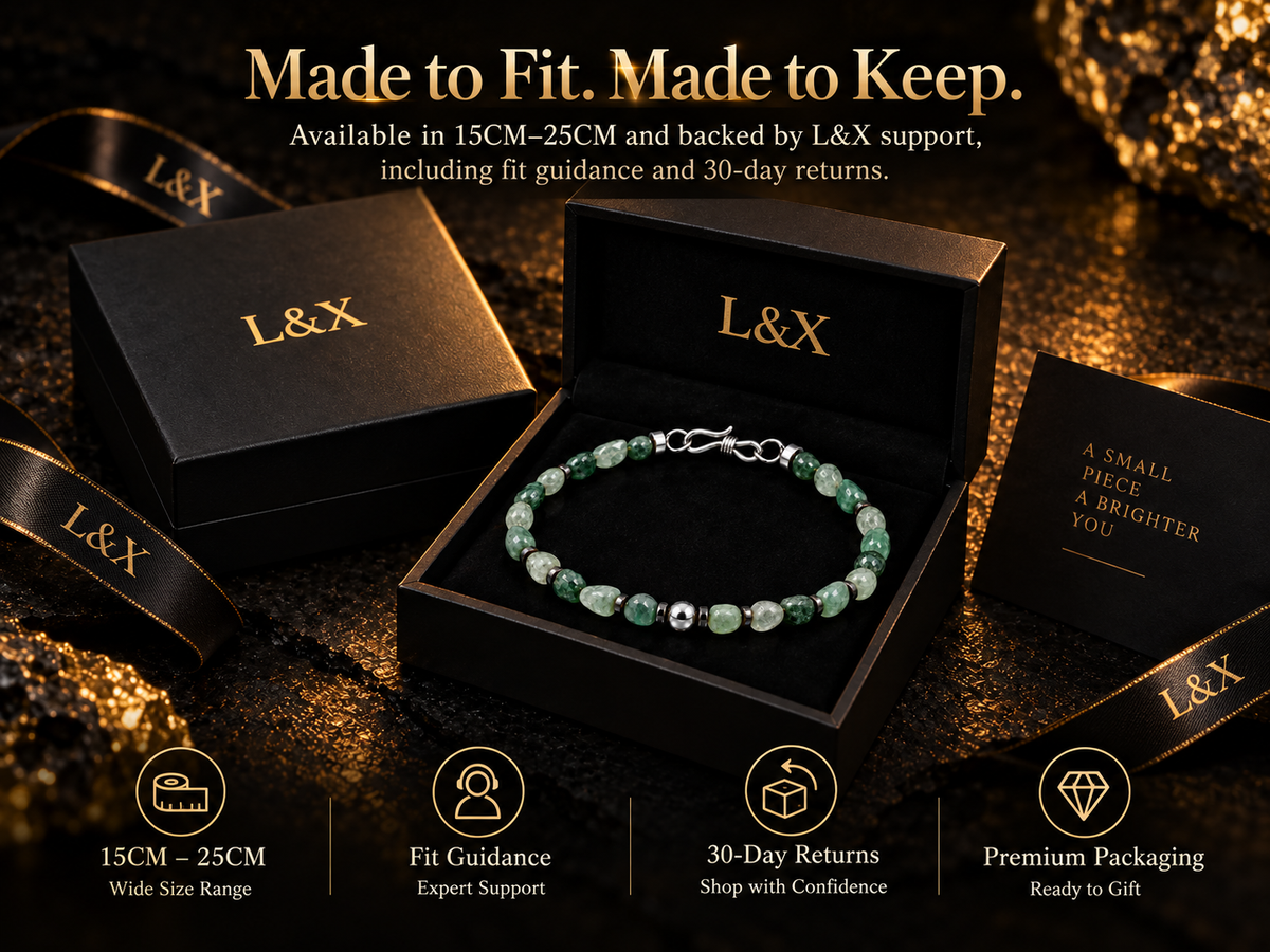 L&X green agate bracelet fit guidance and 30-day returns