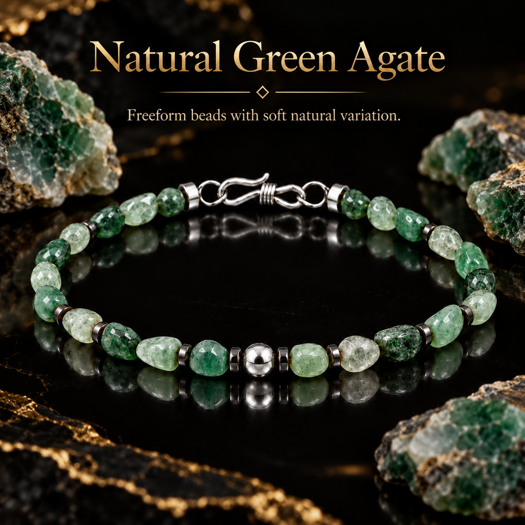 Natural green agate bracelet with raw green agate material reference