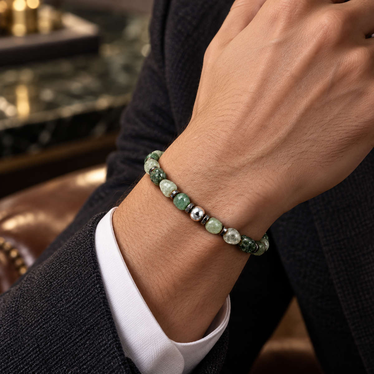 Natural freeform green agate bracelet worn on wrist