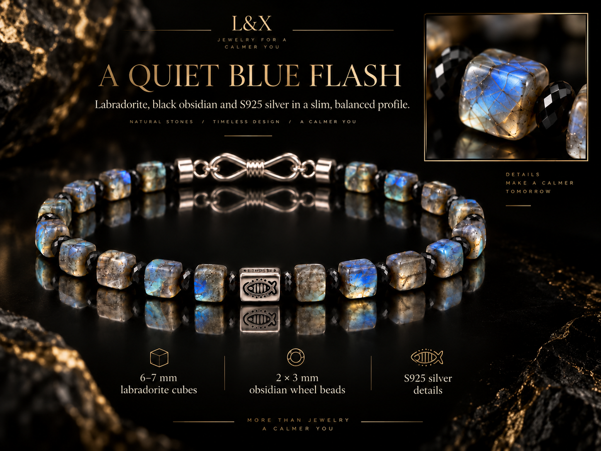 L&X labradorite obsidian bracelet editorial detail with S925 silver