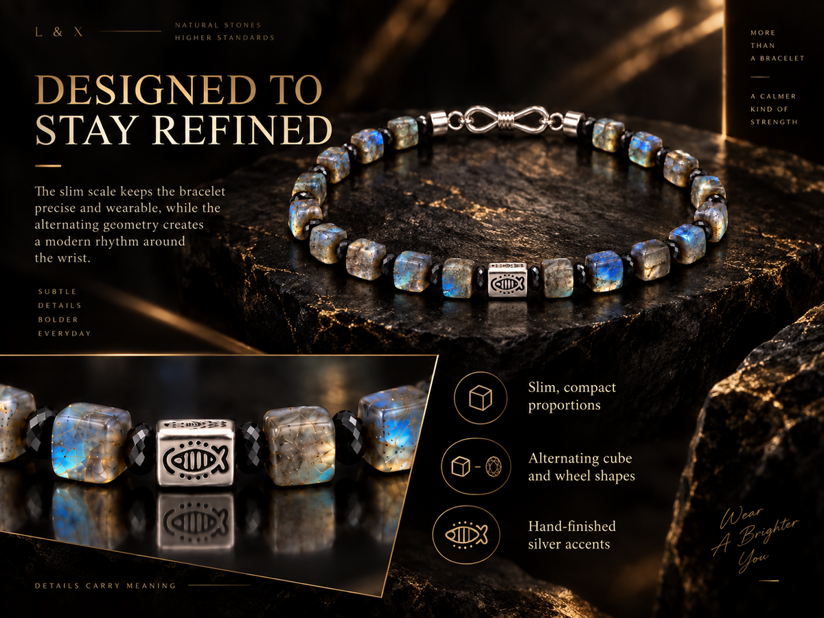 L&X labradorite bracelet refined design structure in black and gold styling
