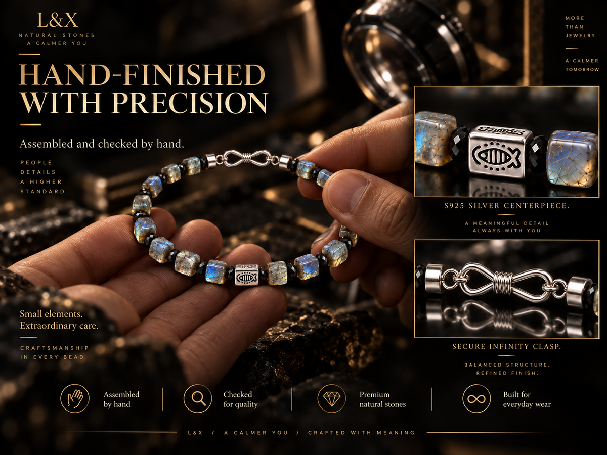 Hand-finished L&X labradorite bracelet craftsmanship detail