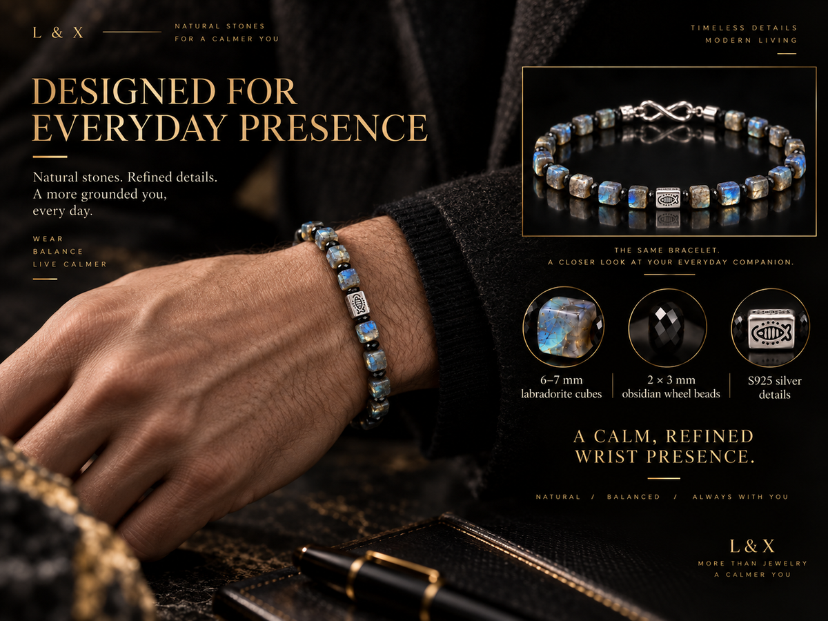 L&X labradorite bracelet worn on wrist with refined everyday styling