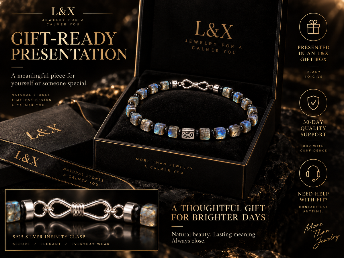 L&X labradorite bracelet gift-ready presentation with black and gold packaging