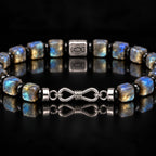 Labradorite and obsidian bracelet worn on wrist