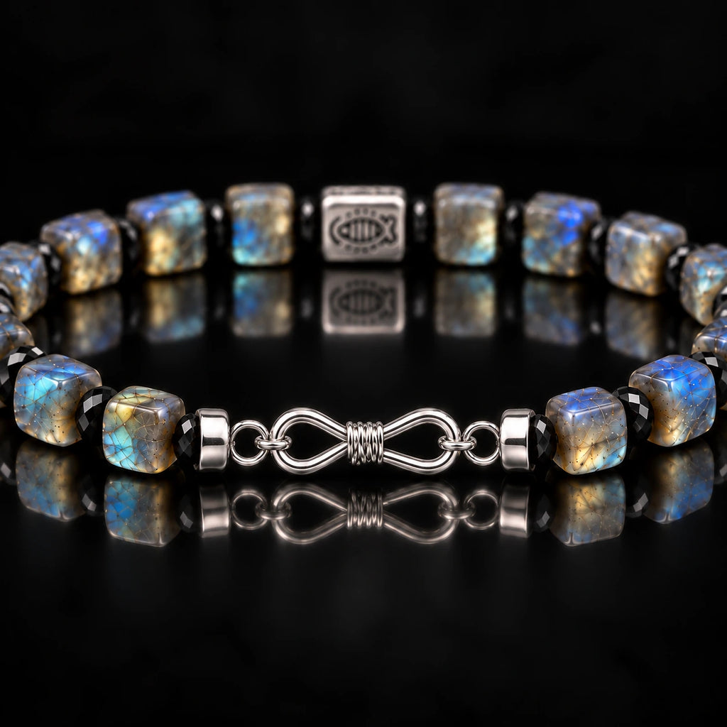 Labradorite and obsidian bracelet worn on wrist