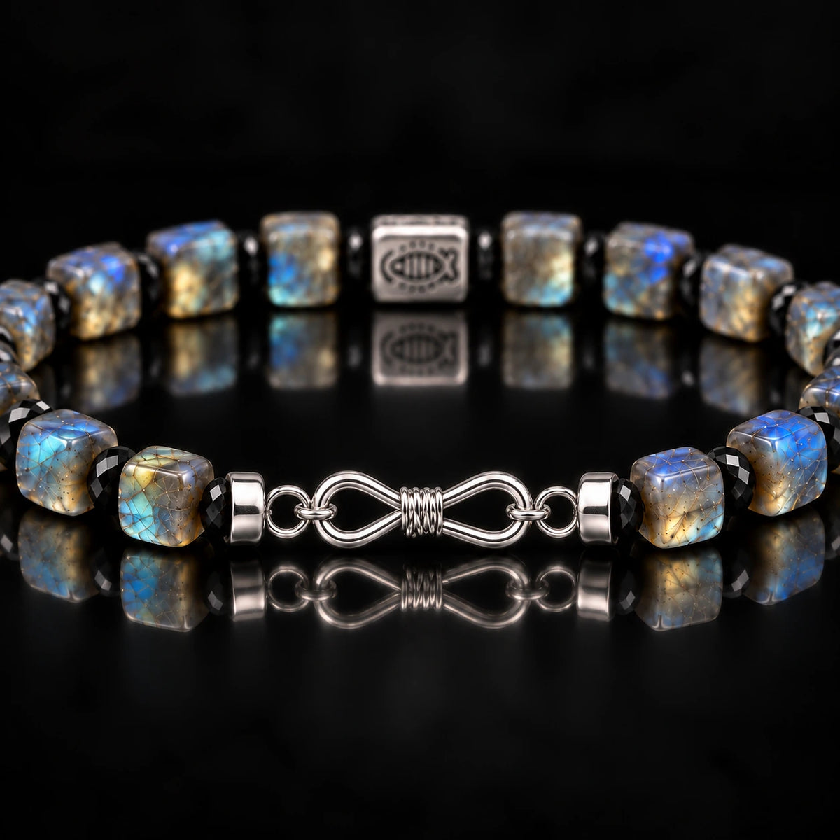 Labradorite and obsidian bracelet worn on wrist