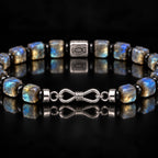 Labradorite and obsidian bracelet worn on wrist