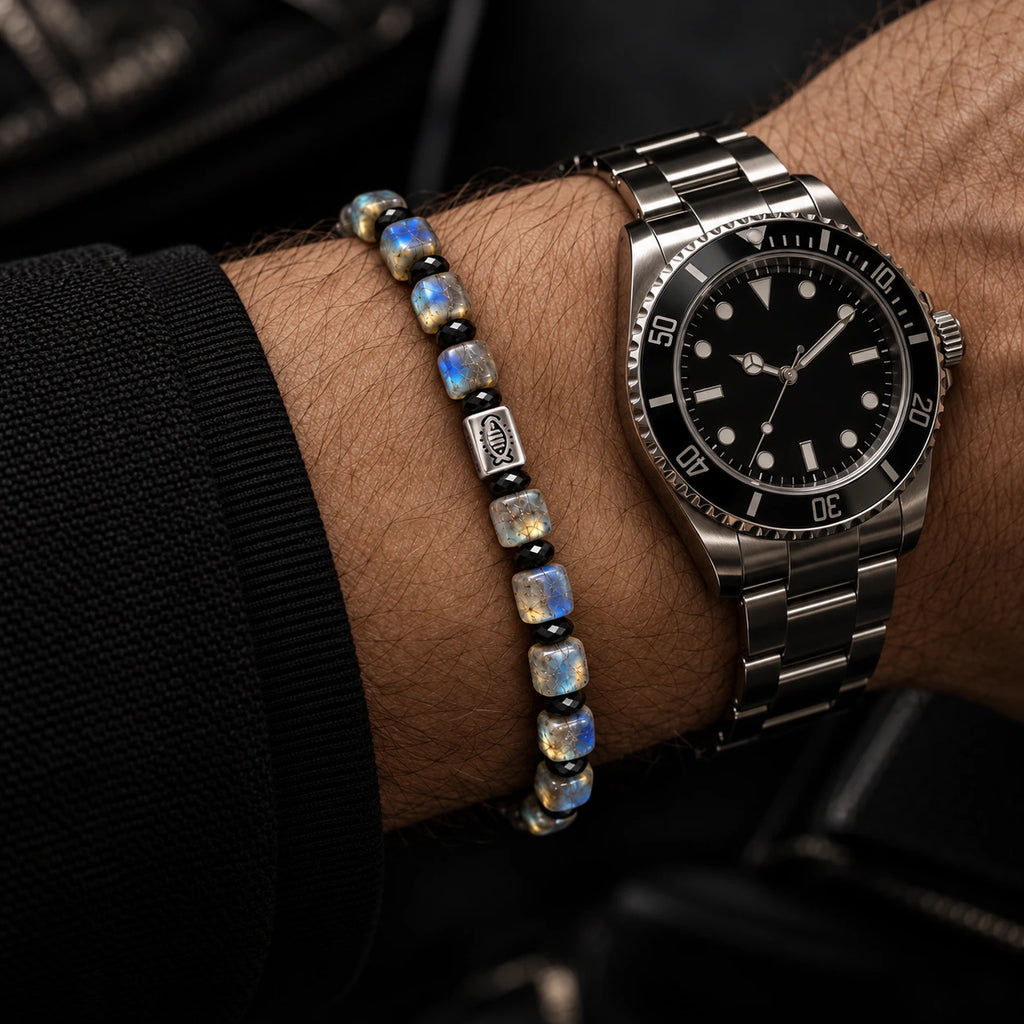 L&X labradorite bracelet styled with a watch