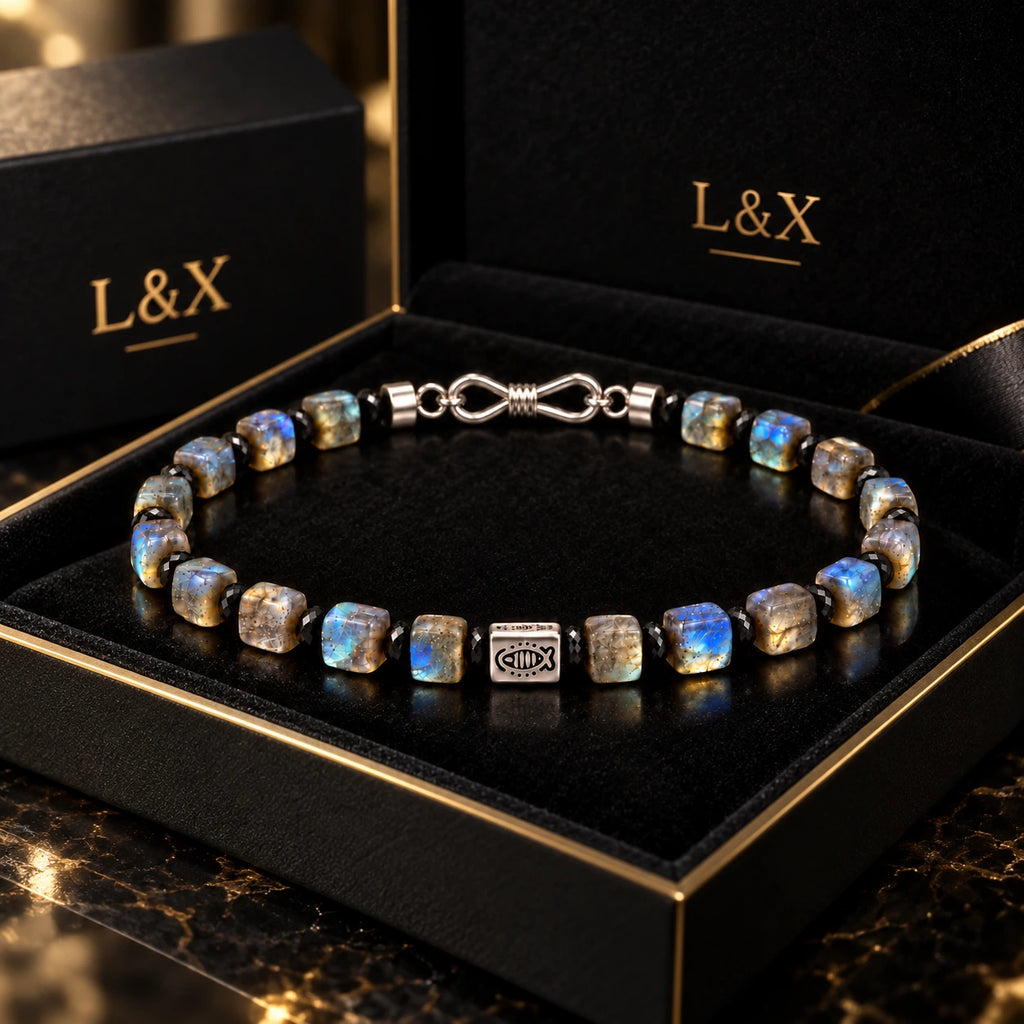 L&X labradorite bracelet in black and gold gift box