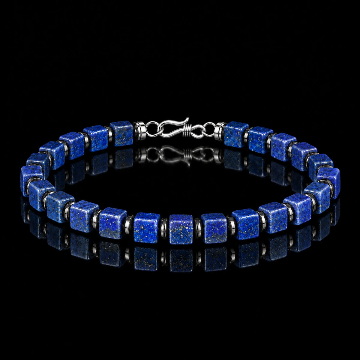 Complete natural lapis lazuli cube bracelet with hematite spacers and S925 silver clasp