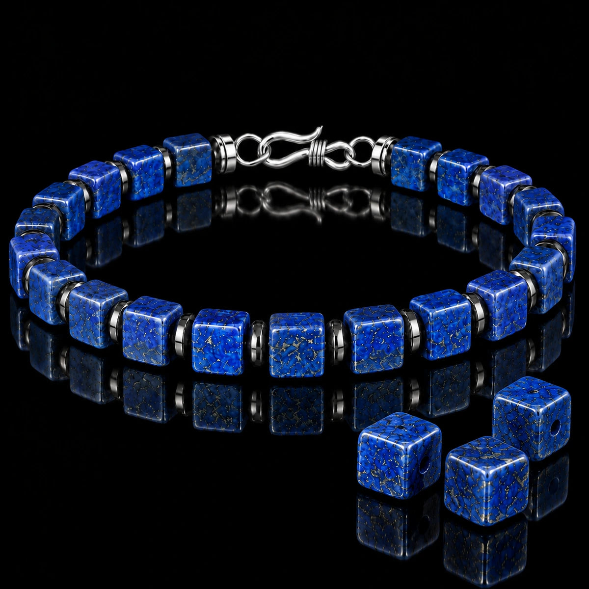 Close-up of natural 6×6MM lapis lazuli cube beads and hematite spacers