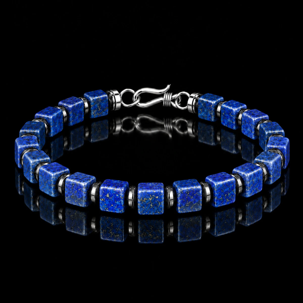 Angled view of lapis lazuli cube bracelet with S925 silver hook clasp