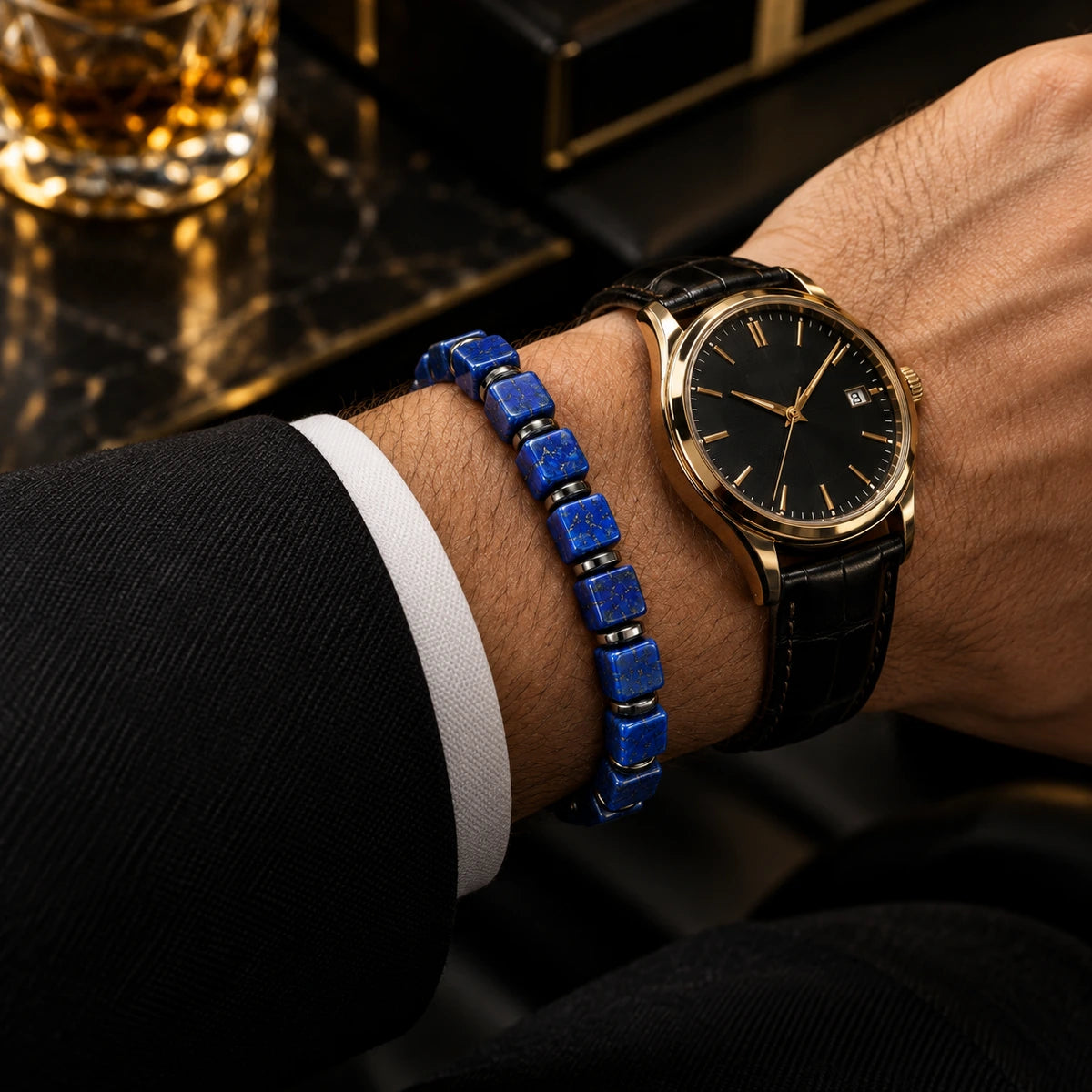 Lapis lazuli cube bracelet styled beside a watch